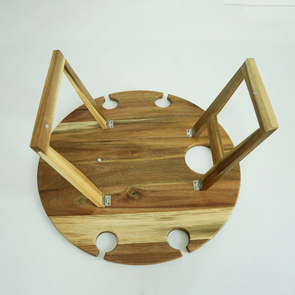 Custom Round Shape Bamboo Portable Camping Table Wood Folding Picnic Table Wood Outdoor Wine Table with Wine Glasses Holder