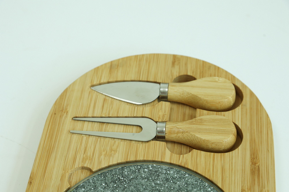 Oval Shape 3 Piece Bamboo Cheese Cutting Board with Inner Glass Board