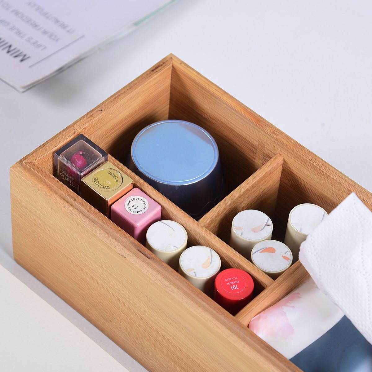 Multifunctional Bamboo Desk Organizer Storage Organizer with 4 Compartments and Lid