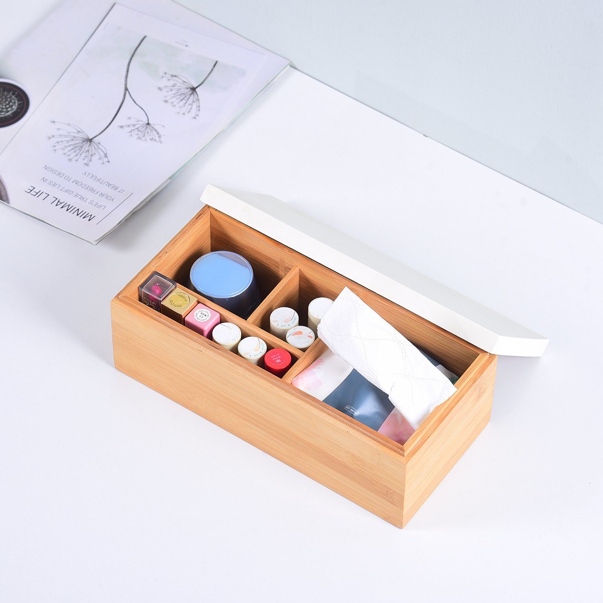 Multifunctional Bamboo Desk Organizer Storage Organizer with 4 Compartments and Lid