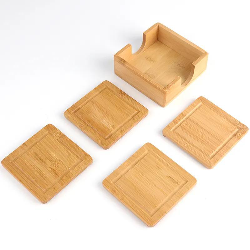 Custom Square Bamboo Wooden 5PCS Coasters Set with Holder