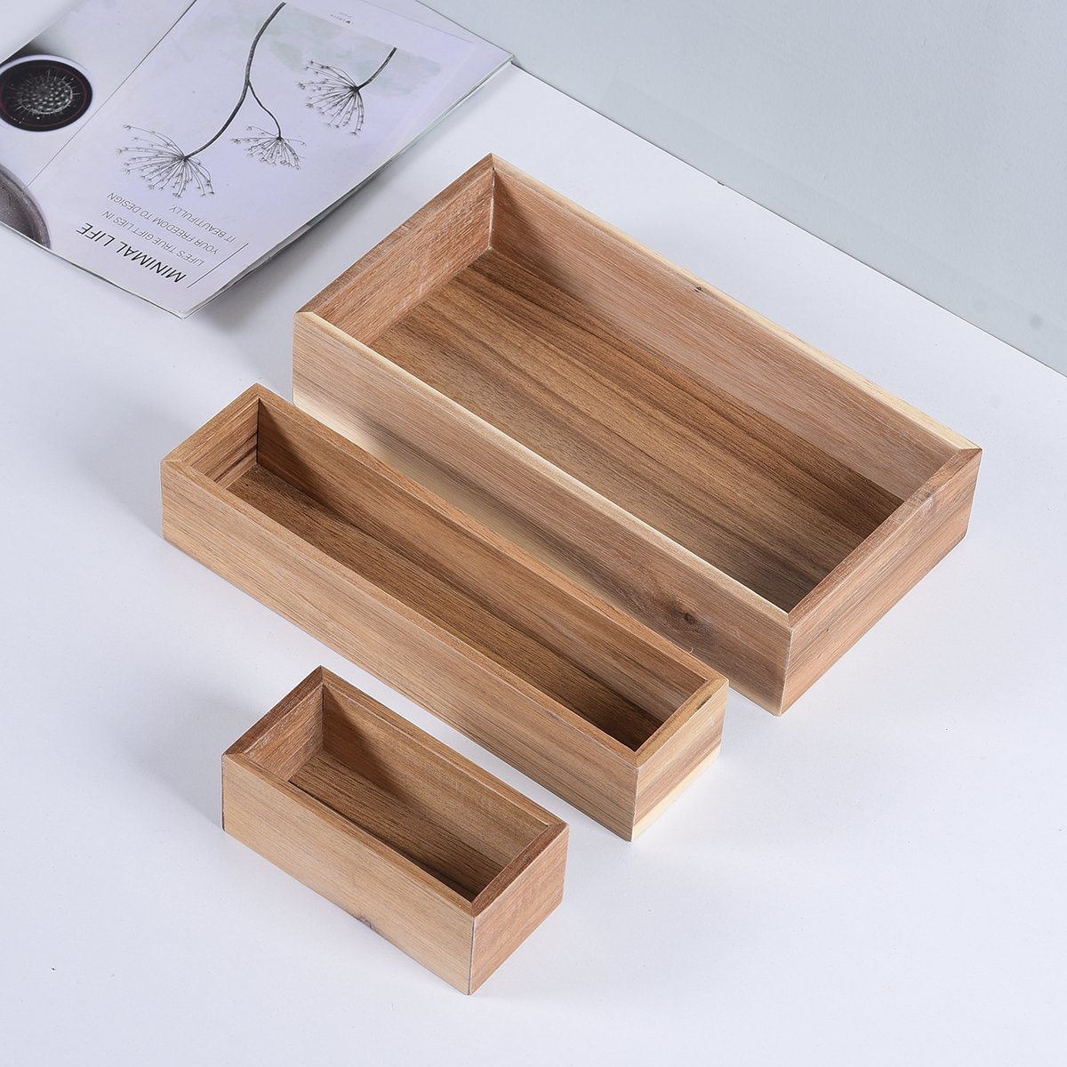 3 in 1 Acacia Wood Cosmetic Box Wooden Storage Organizer Wooden Storage Box Set