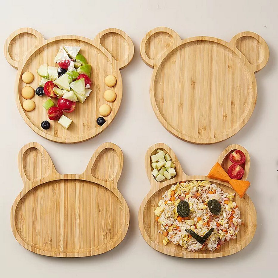 Bear Shape Bamboo Serving Tray Baby Food Dishes for Fruit Vegetable Snack