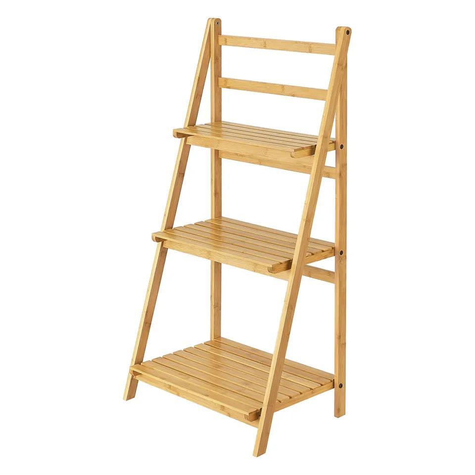 Free Standing 3 Layers Bamboo Wooden Ladder Storage Rack Organizer Display Shelf for Kitchen Bathroom Office