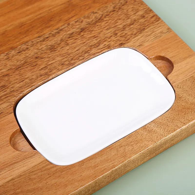 Acacia Wooden Cheese Board and Charcuterie Serving Board Platter with 3 Knives and Ceramic Bowl