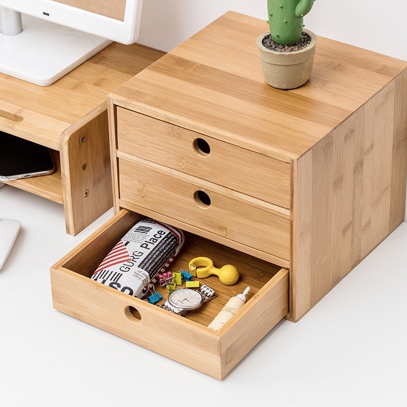 Desktop Storage Wooden Box Bamboo and Wood Pull-out Home Office Drawer Desk Storage Cabinet Shelf Wooden Box