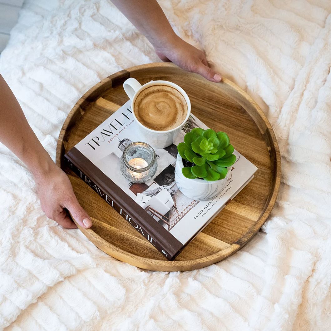 Decorative 15.7′ ′ Round Acacia Wood Serving Tray Coffee Table Tray