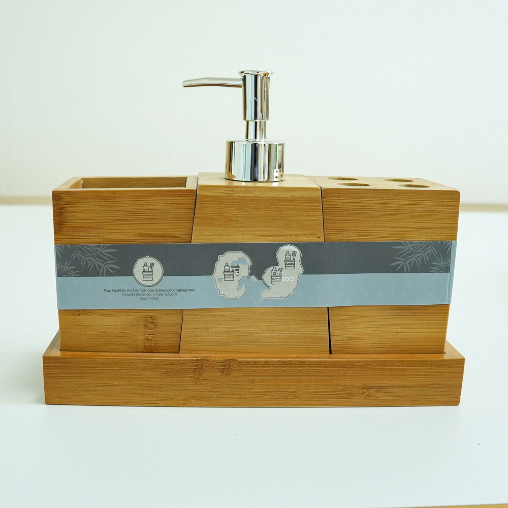 Bamboo Bathroom Accessories Set with Trash Can, Soap Dispenser, Toothbrush Holder, and Tray