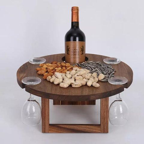 Portable Solid Acacia Wooden Round Wine Outdoor Folding Picnic Table with 4 Wine Glass Holder