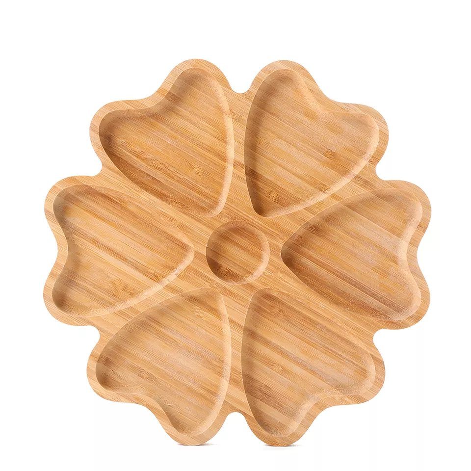 Flower Shaped 6-Compartments Dipping Sauce Plate Bamboo Divided Serving Bowl Dry Fruit Plates