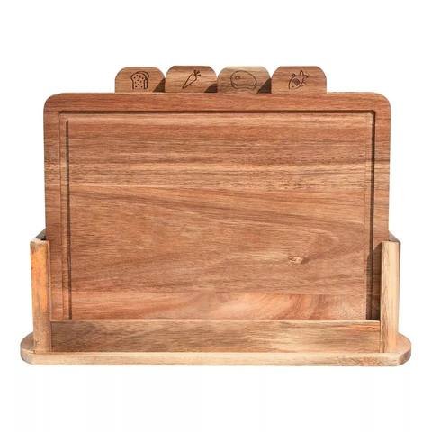 Acacia Wood Index Cutting Board Set with Storage Base Holder for Bread, Meat, Vegetables, Fish