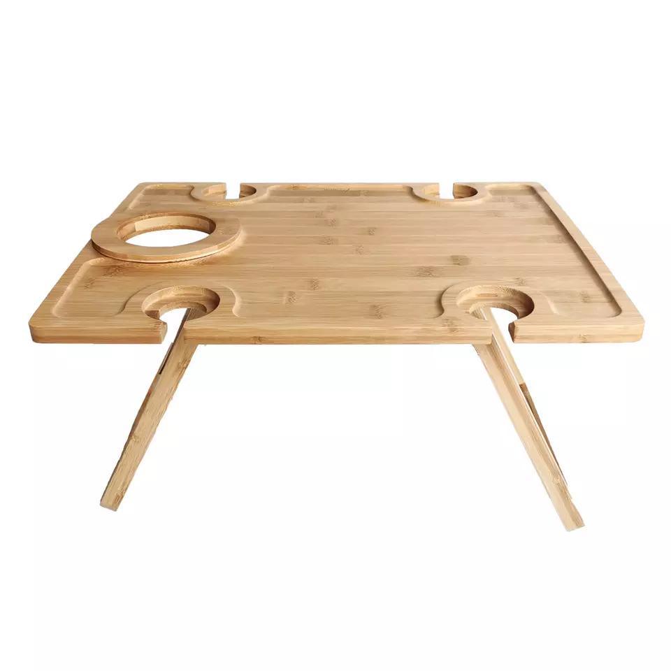 Folding Outdoor Bamboo Wine Table Snacks Cheese Board Wine Picnic Table with Wine and Bottle Holder
