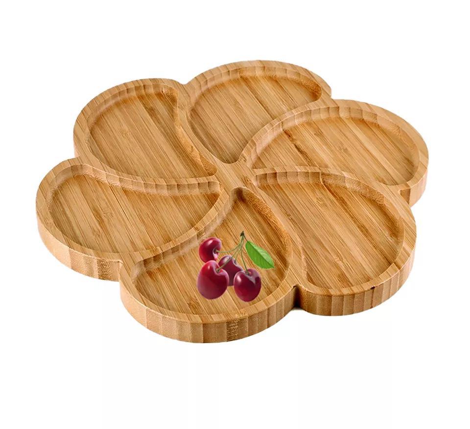 Multifunctional Flower Shape Bamboo Plate Bamboo Snack Tray with Dividers Parts