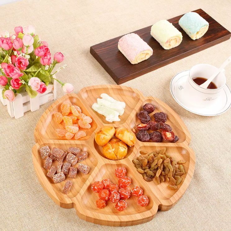 6-Section Flower Shape Round Bamboo Nut Candy Tray Compartment Snack Serving Tray with Dividers