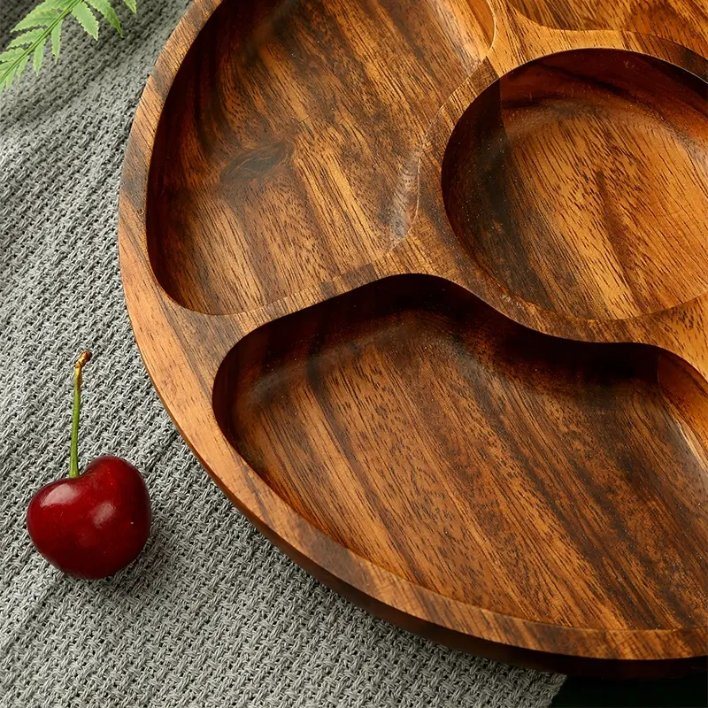 Round Acacia Wooden Nuts Fruit Snack Appetizer Serving Tray Plate Dish with Divided 5 Compartments