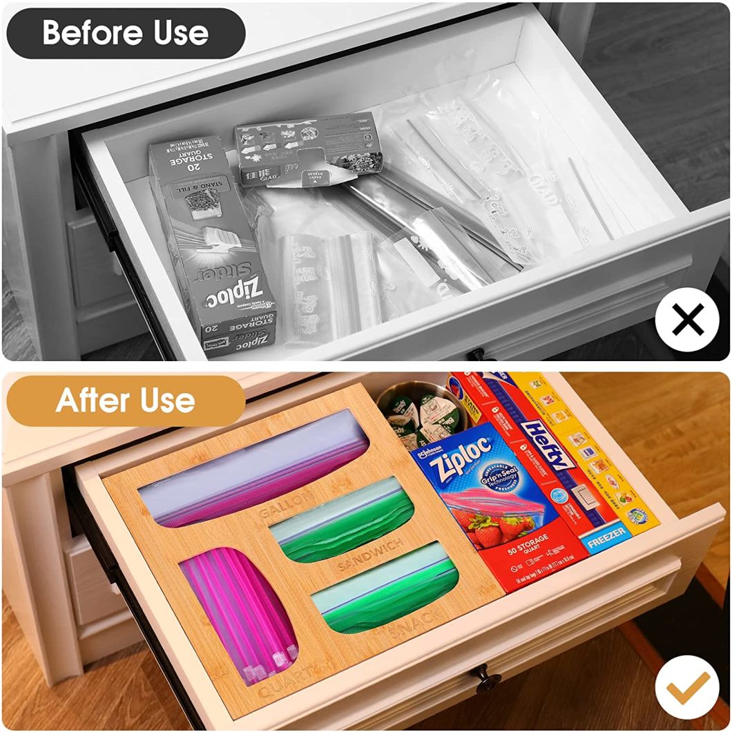Pure Natural Compatible Quality Bamboo Ziplock Bag Storage Organizer for Kitchen Drawer