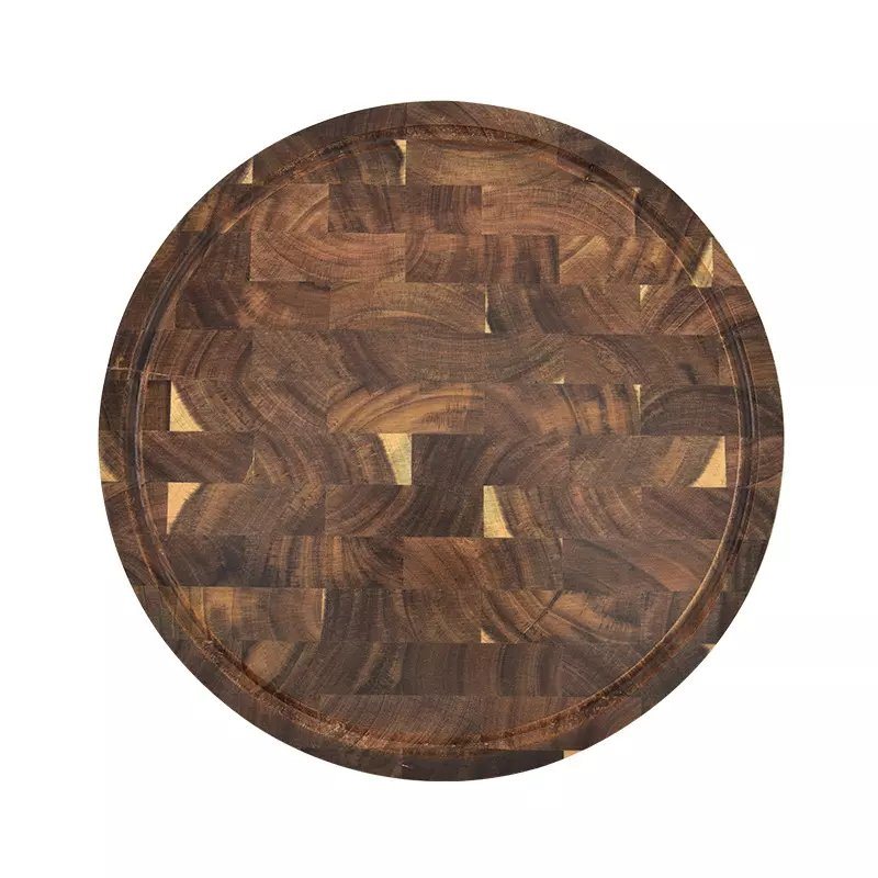 Thick End Grain Round Acacia Wooden Chopping Board Wooden Butcher Block with Two Handles for Kitchen
