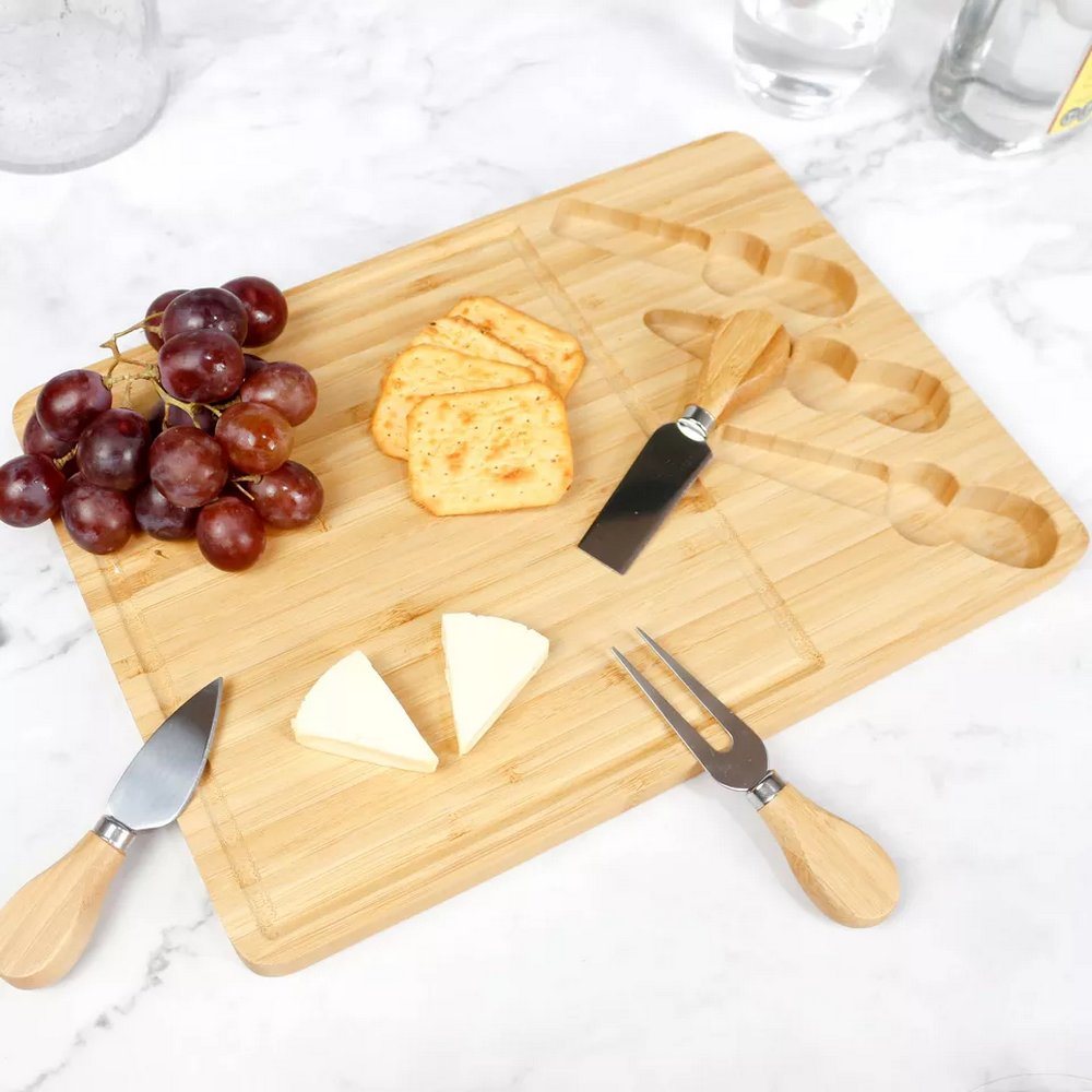 Rectangle Bamboo Picnic Charcuterie Cutlery Cheese Board with 3 Knives Set