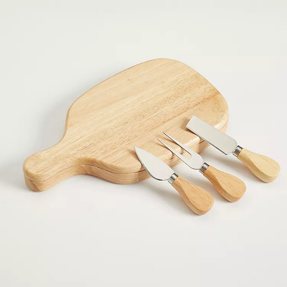 Rubber Wood Swiveling Charcuterie Cheese Serving Board with 3 Piece Knives Set