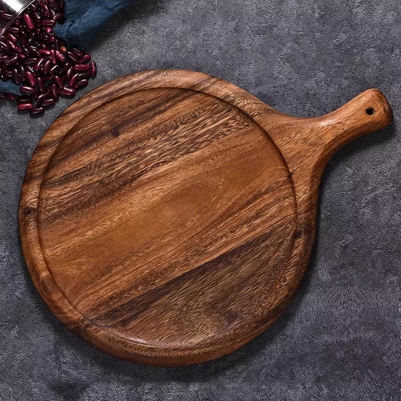 Round Acacia Wood Pizza Cutting Board with Handle