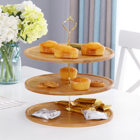 Three Layer Bamboo and Wood Dried Fruit Tray Compartment Snack Cake Tray Cake Stand for Wedding