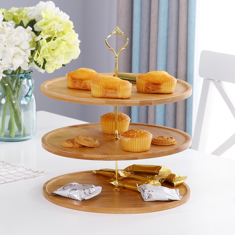 Three Layer Bamboo and Wood Dried Fruit Tray Compartment Snack Cake Tray Cake Stand for Wedding