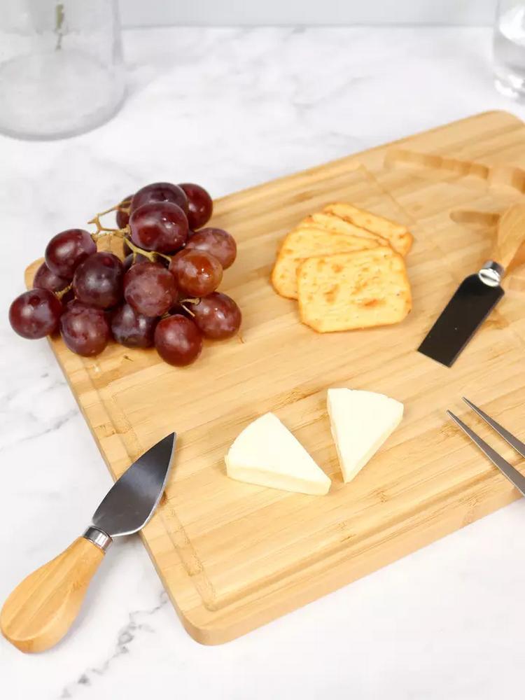 Rectangle Bamboo Picnic Charcuterie Cutlery Cheese Board with 3 Knives Set