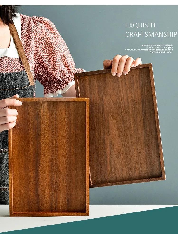 Acacia Wood Serving Trays Rectangle Wooden Tea Tray Food Storage Plate Snacks Home Tea Serving Tray with Handles