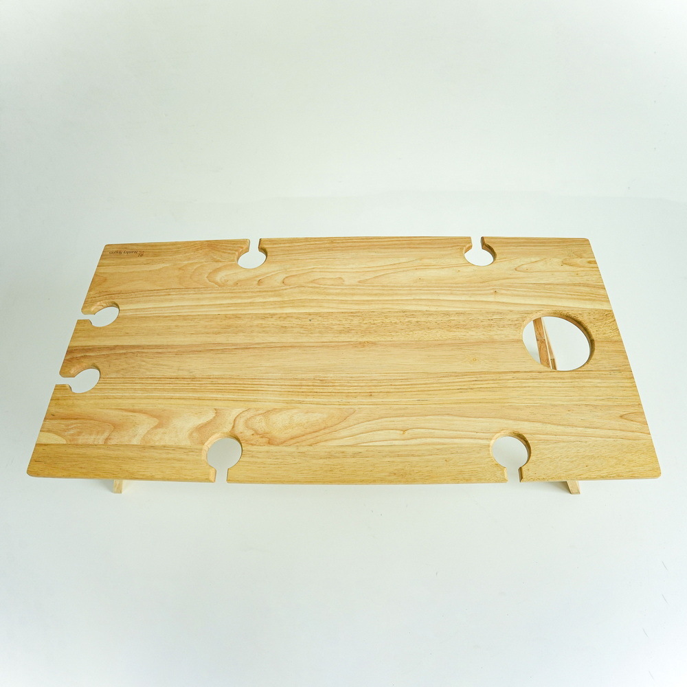 Rectangular Wood Collapsible Snack Portable Table Wood Folding Picnic Table with Wine Holder and Wine Glass Holder