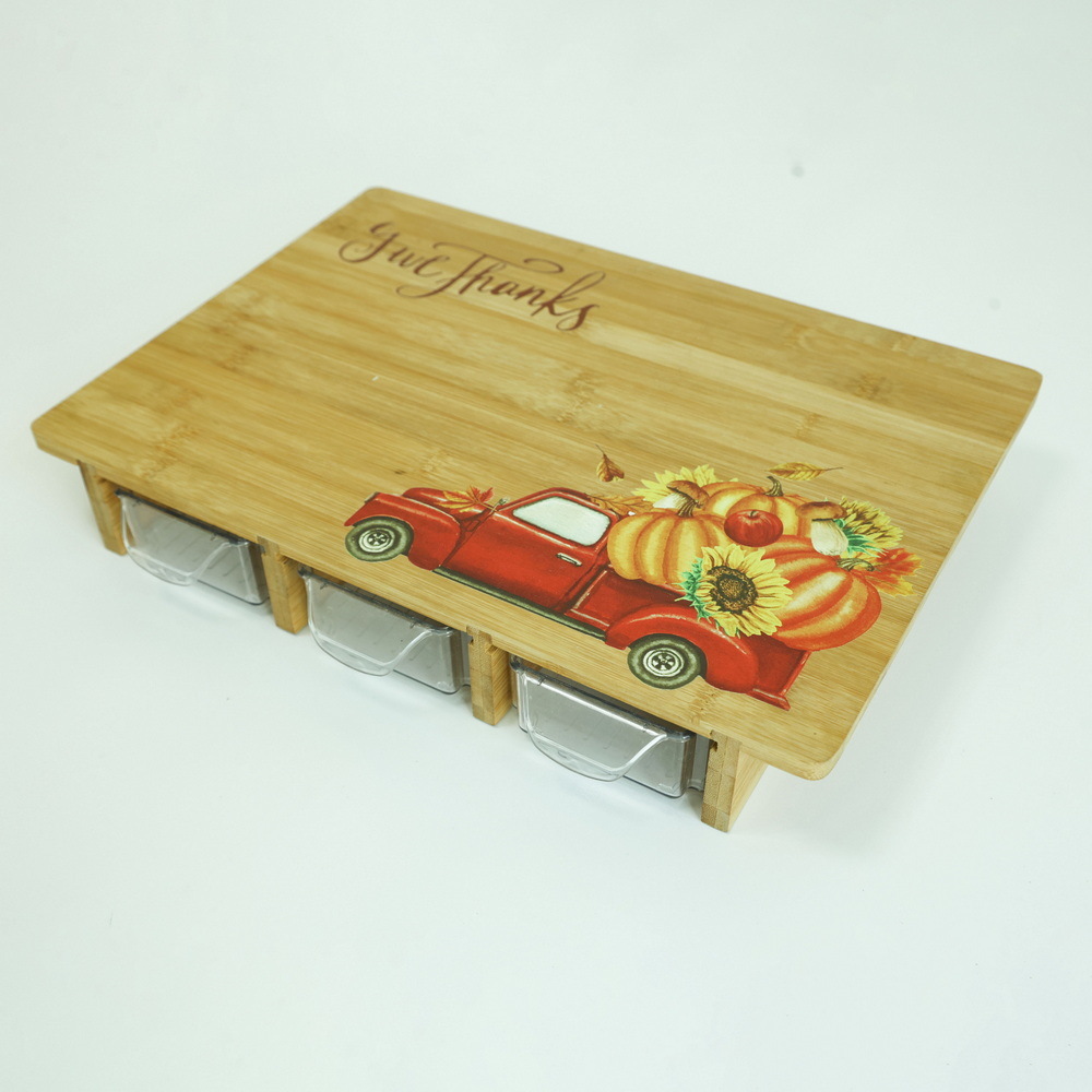 Large Bamboo Cutting Board with 3 Plastic Storage Drawers