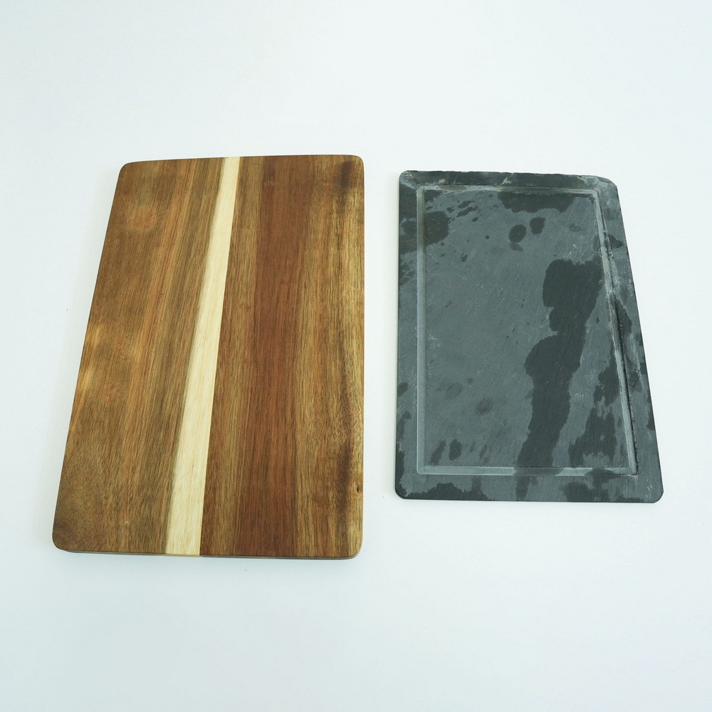 Wholesale Acacia Wood and Slate Cheese Board Set with Cheese Knives