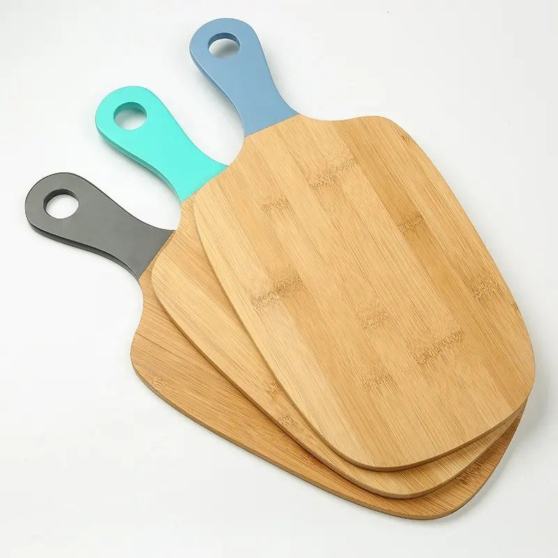 Bamboo Paddle Shape Cutting Board Chopping Blocks with Color Handle for Wholesale