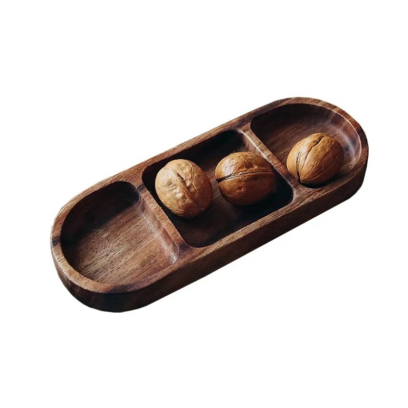 Retro Restaurant Wooden Dipping Plates Divided Three Compartments Oval Sauce Vinegar Snack Tray