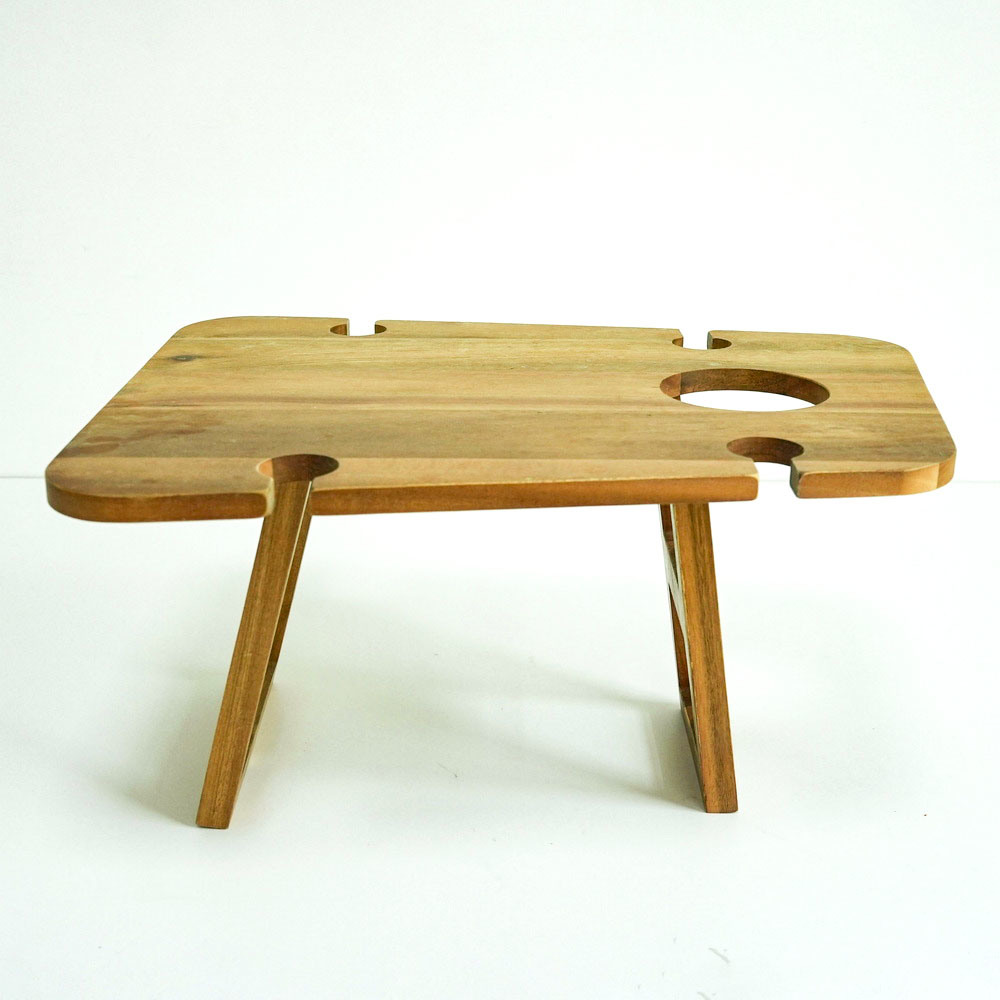 Foldable and Portable Acacia Wood Wine Picnic Table with Glass Holder and Snack Tray for Outdoor Camping