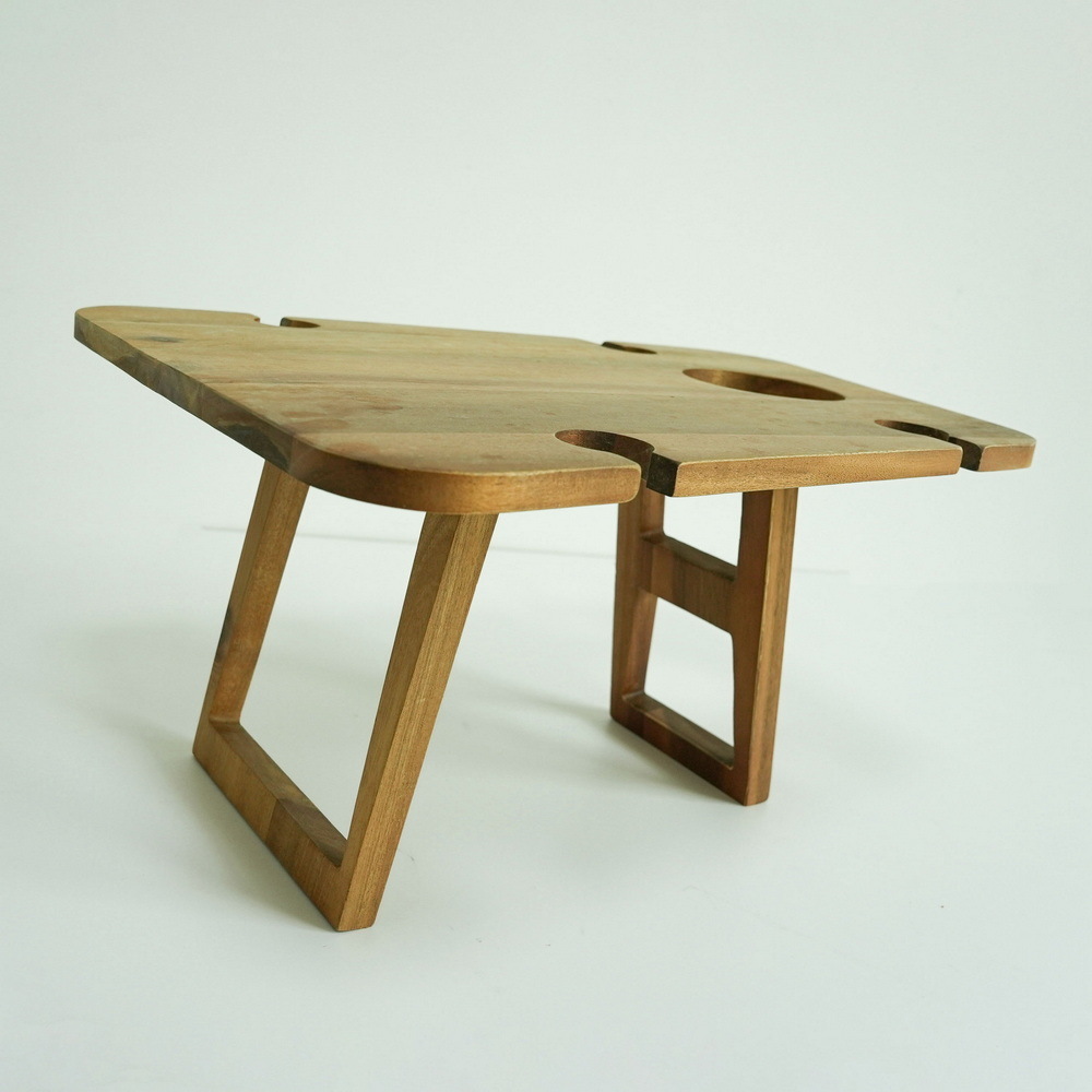 Foldable and Portable Acacia Wood Wine Picnic Table with Glass Holder and Snack Tray for Outdoor Camping