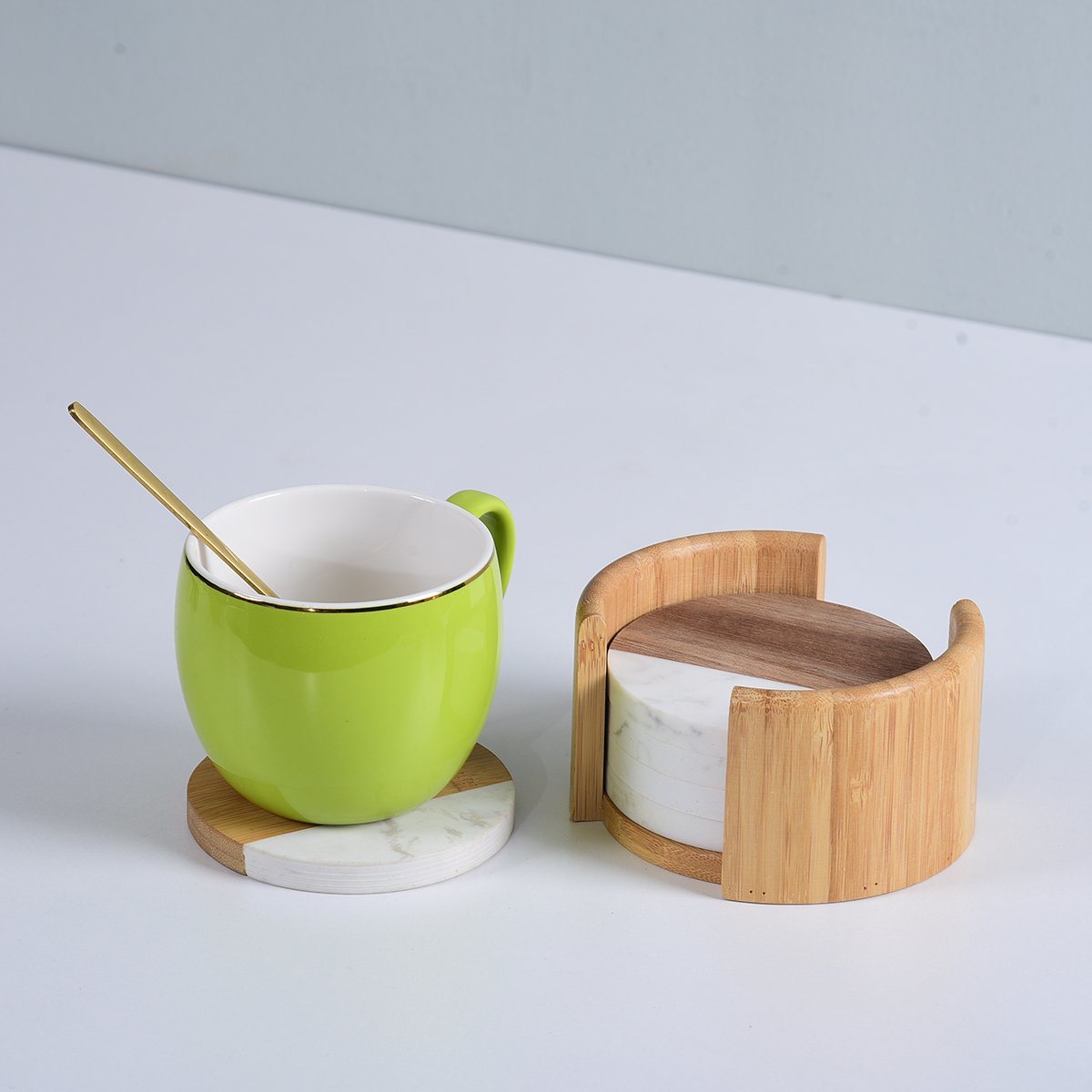 Modern and Natural White Marble and Wood Coaster with Holder