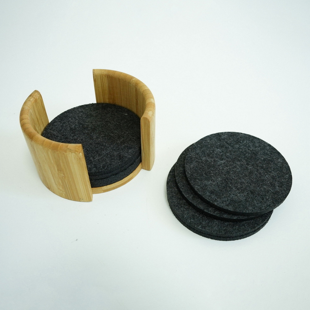 Round Felt Drink Coasters Felt Tea Cup Coasters Felt Coaster Set with Bamboo Holder