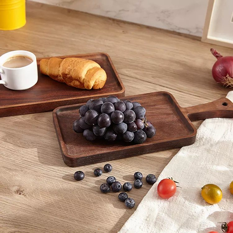 Rectangle Shape Black Walnut Wood Serving Tray with Handle for Food