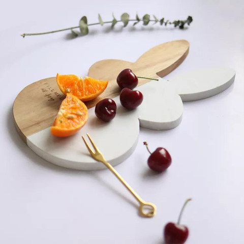 Rabbit Shape Cutting Board White Marble and Wood Cheese Board Food Chopping Block