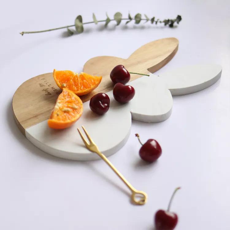 Rabbit Shape Cutting Board White Marble and Wood Cheese Board Food Chopping Block
