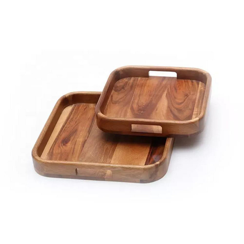 High Quality Square Natural Acacia Wood Serving Tray for Food Fruit Coffee Snack