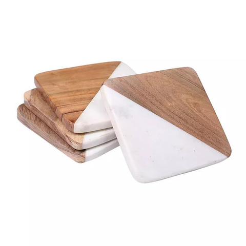Set of 4 Handcrafted White Marble & Acacia Wood Coaster Set