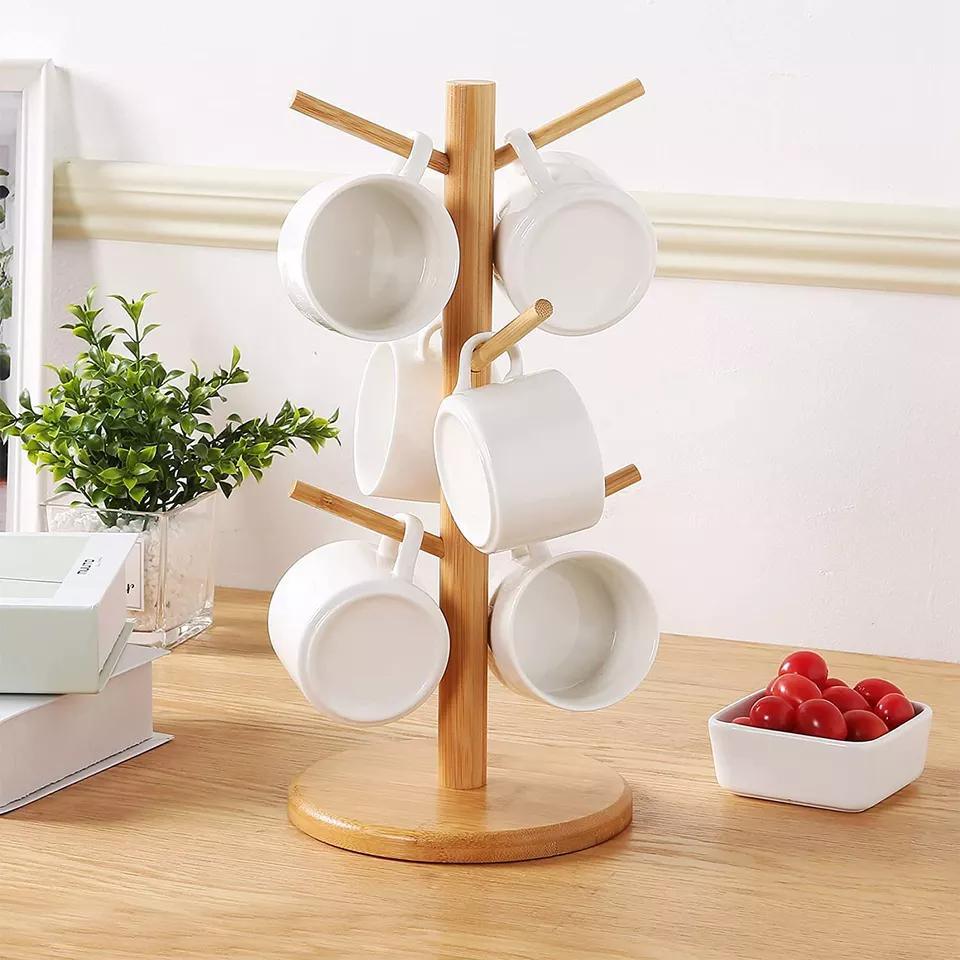 Bamboo Round Base Mug Holder Tree Stand Holder with Hooks for Coffee Cups Counter-Top