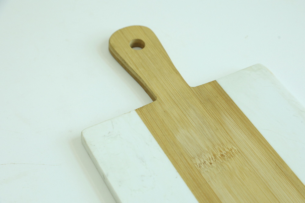 Bamboo and White Marble Cheese Cutting Board Serving Board with Wood Handle