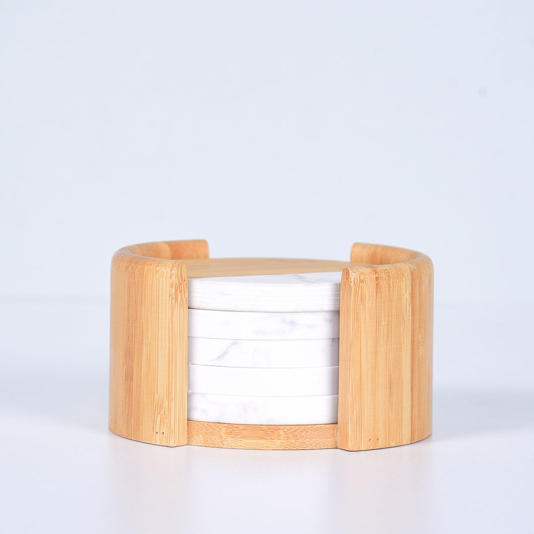 Modern and Natural White Marble and Wood Coaster with Holder