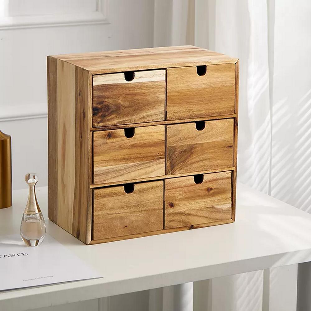 Custom Acacia Wood 3 Tier 6 Grid Sundries Storage Organizer Box Drawer