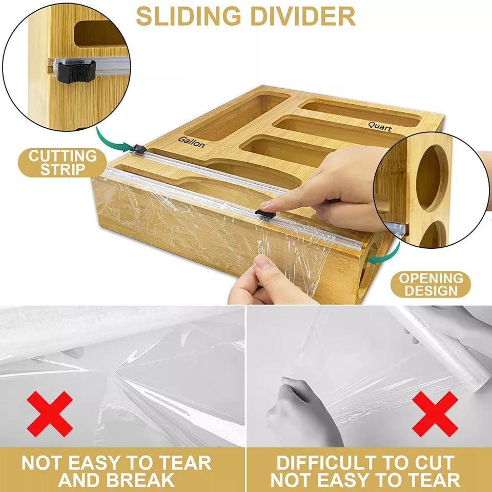 6 in 1 Bamboo Ziplock Bag Roll Storage Organizer Dispenser Container for Gallon Quart Sandwich Snack Wax Plastic Parchment