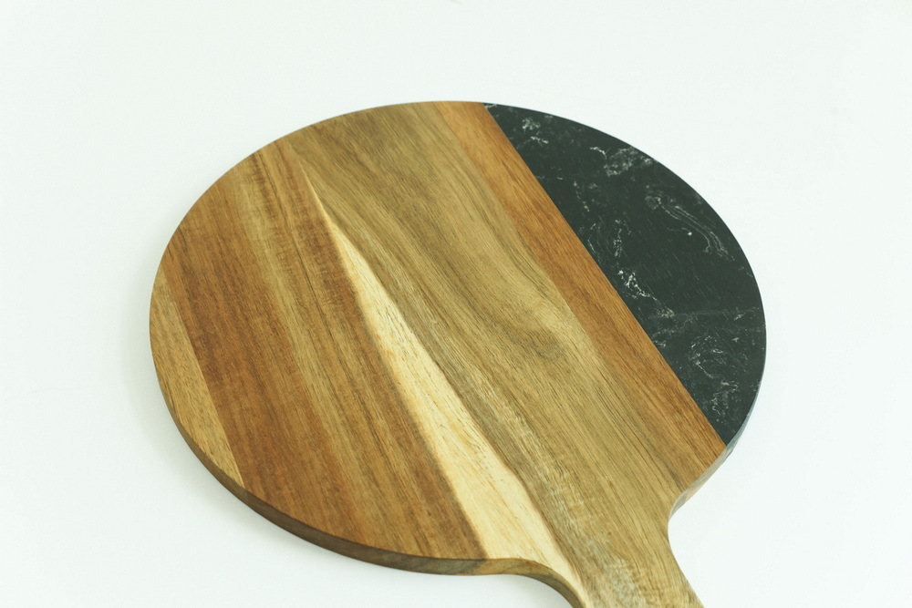 Round Acacia Wood and Black Marble Serving Board Cheese Board Charcuterie Board with Handle