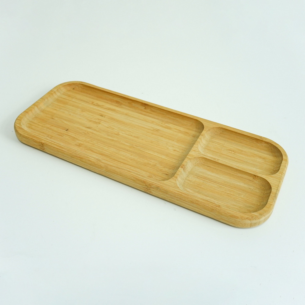 Three Compartments Bamboo Portion Plate Divided Dinner Snack Plates