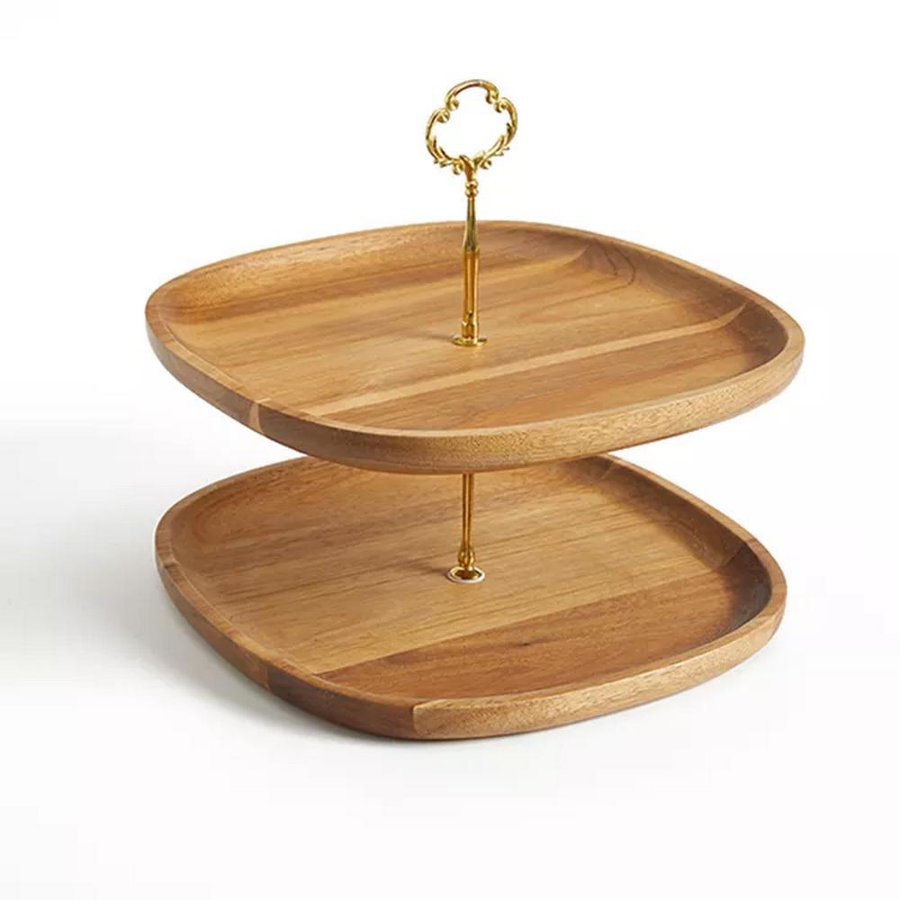 Wholesale Restaurant Party 2 Tier Acacia Wooden Cake Serving Tray Stand